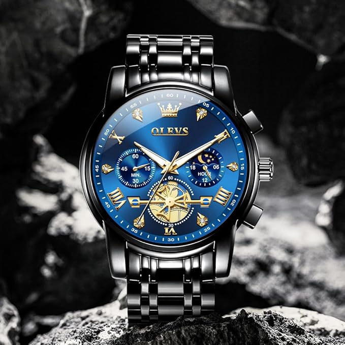 OLEVS Mens Chronograph Watch Gold Silver Stainless Steel Chain Quartz Wrist Watches Business Dress Waterproof Luminous Date Watch