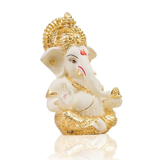 Gold Art India Ganesha Gold Plated Idol for Car Dashboard Ganesha Murti Ganpati Idol for Home Decor Puja Lord Ganesh Statue Gift for Office Desk Puja Room Figurine (Gold and Cream)