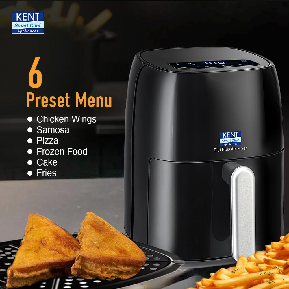 KENT Digi Plus Air Fryer | 4L Capacity & 1300W | Fry, Grill, Roast & Bake | Digital Display & Touch Control Panel | Rapid Heating | 80% Less Oil Usage | High Temperature & Uniform Heating | Black