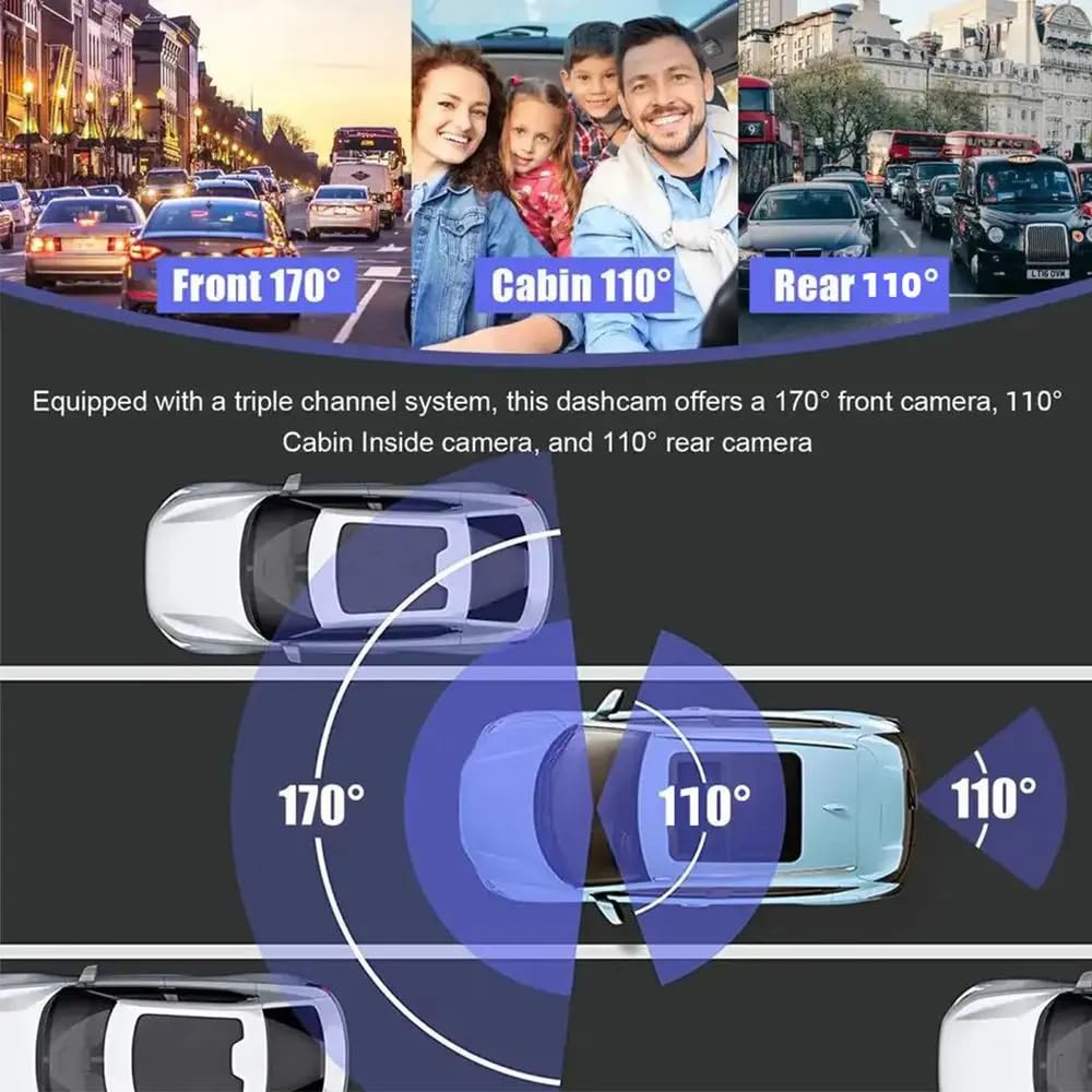 Maizic Smarthome Triplex 4K 3 Channel Dash Cam WiFi Built-in G-Sensor, 1296P+1080P+1080P Front and Rear Inside Loop Recording, Triple Car Dash Camera, IR Night View, 24H Parking Monitor