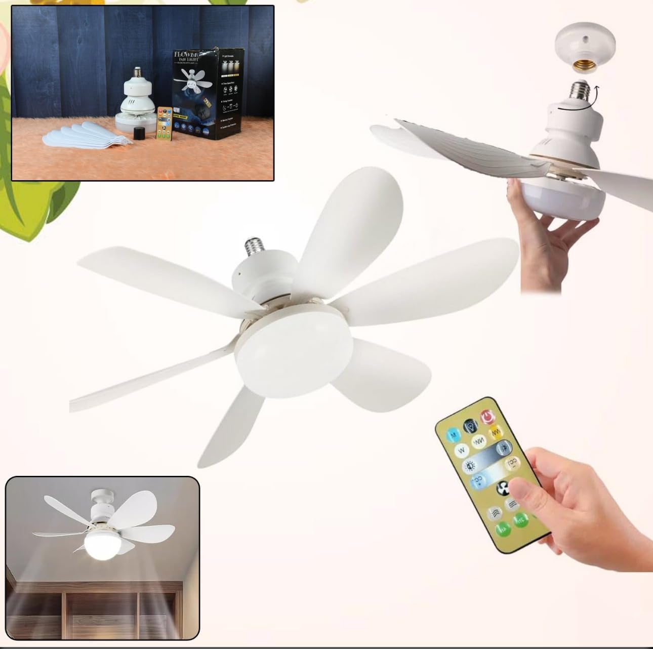 Remote Control LED Ceiling Fan, 6-Blade Design, White, with Light - Springkart 