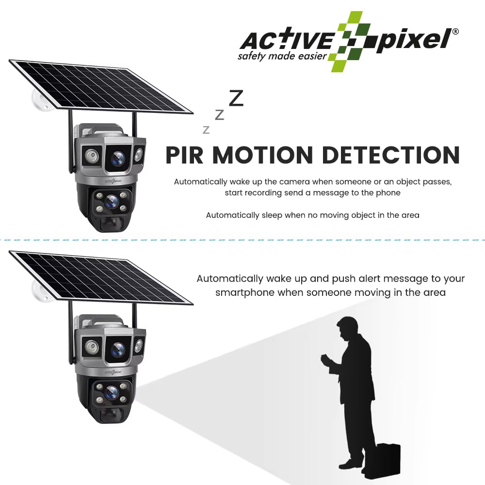 Active Pixel 4G Dual Camera 4mp+4mp Lens Solar Powered | 4G SIM | IP66 Waterproof | 2-Way Audio | Outdoor Surveillance for Agriculture,Construction Site,Farm,Garden etc (Solar Dual Camera)