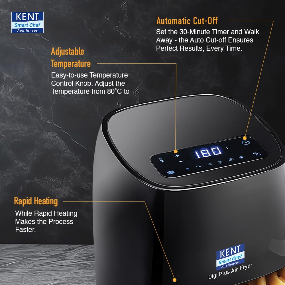 KENT Digi Plus Air Fryer | 4L Capacity & 1300W | Fry, Grill, Roast & Bake | Digital Display & Touch Control Panel | Rapid Heating | 80% Less Oil Usage | High Temperature & Uniform Heating | Black