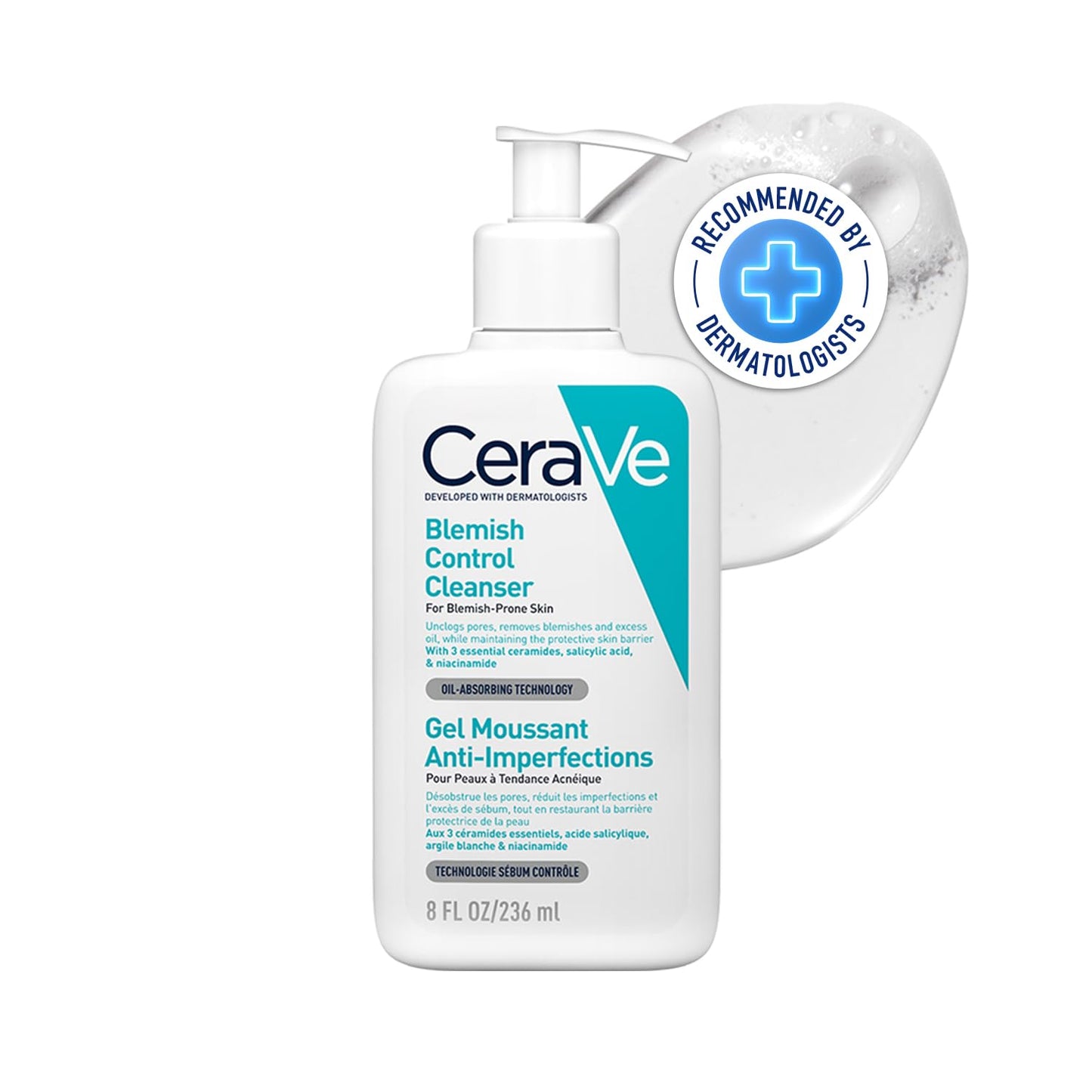 Cerave Blemish Control Cleanser with 2% Salicylic Acid & Niacinamide for Acne Prone Skin, Controls Acne & Spots, Unclog Pores & Reduces Blemishes, 236ml