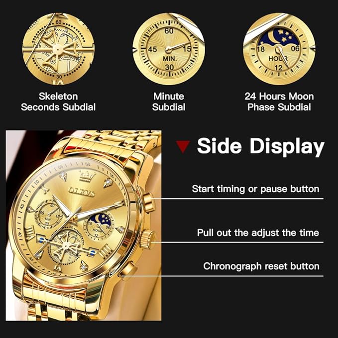 OLEVS Mens Chronograph Watch Gold Silver Stainless Steel Chain Quartz Wrist Watches Business Dress Waterproof Luminous Date Watch