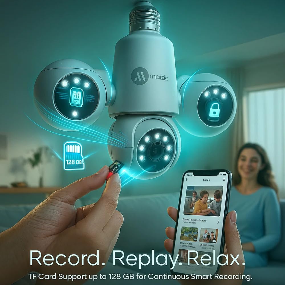 Maizic Smarthome Trion Bulb 5+5+5MP FHD Triple Lens WiFi CCTV Camera | Manual Side Rotation | 360° View | Color Night Vision | AI Human Detection | Two-Way Audio | Indoor Security | TF Card Support