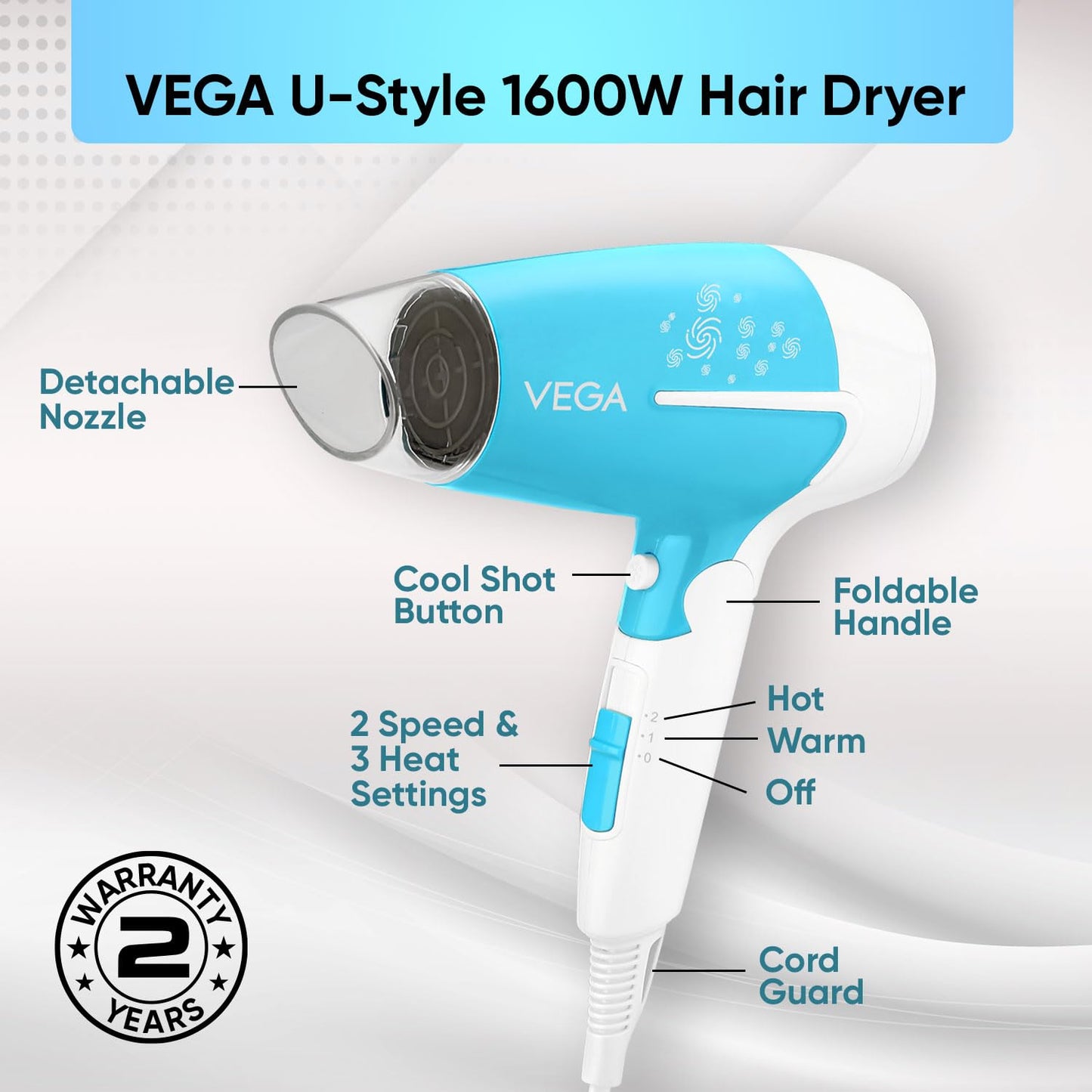 VEGA U Style 1600 Watts Foldable Hair Dryer For Women & Men With Cool Shot Button, 2 Speed/3 Heat Settings, Detachable Nozzle, Travel Friendly, Fast Hair Drying, (Vhdh-32),Blue - Springkart 