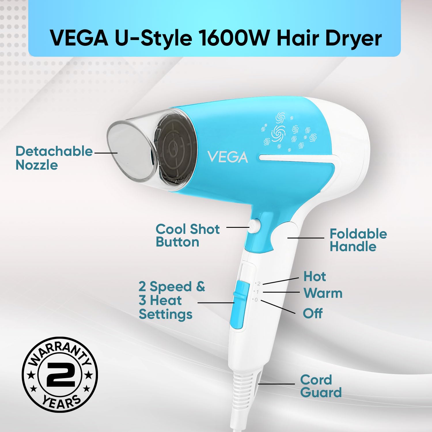 VEGA U Style 1600 Watts Foldable Hair Dryer For Women & Men With Cool Shot Button, 2 Speed/3 Heat Settings, Detachable Nozzle, Travel Friendly, Fast Hair Drying, (Vhdh-32),Blue - Springkart 