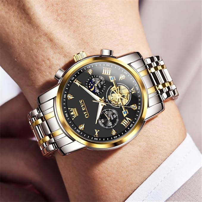 OLEVS Mens Chronograph Watch Gold Silver Stainless Steel Chain Quartz Wrist Watches Business Dress Waterproof Luminous Date Watch