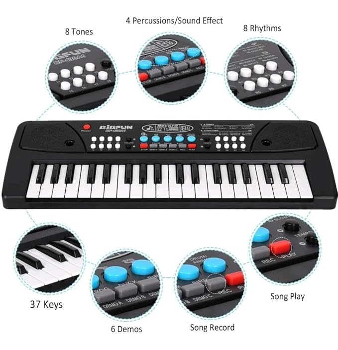 Kids Piano Keyboard with Mic (1 Year Warranty) 37 Keys 8 Rhythms 8 Tones 6 Demos Portable Electronic Keyboard Toy Beginners Educational Songs Recording Musical Toys 2 3 4 5 Years Boys Girls