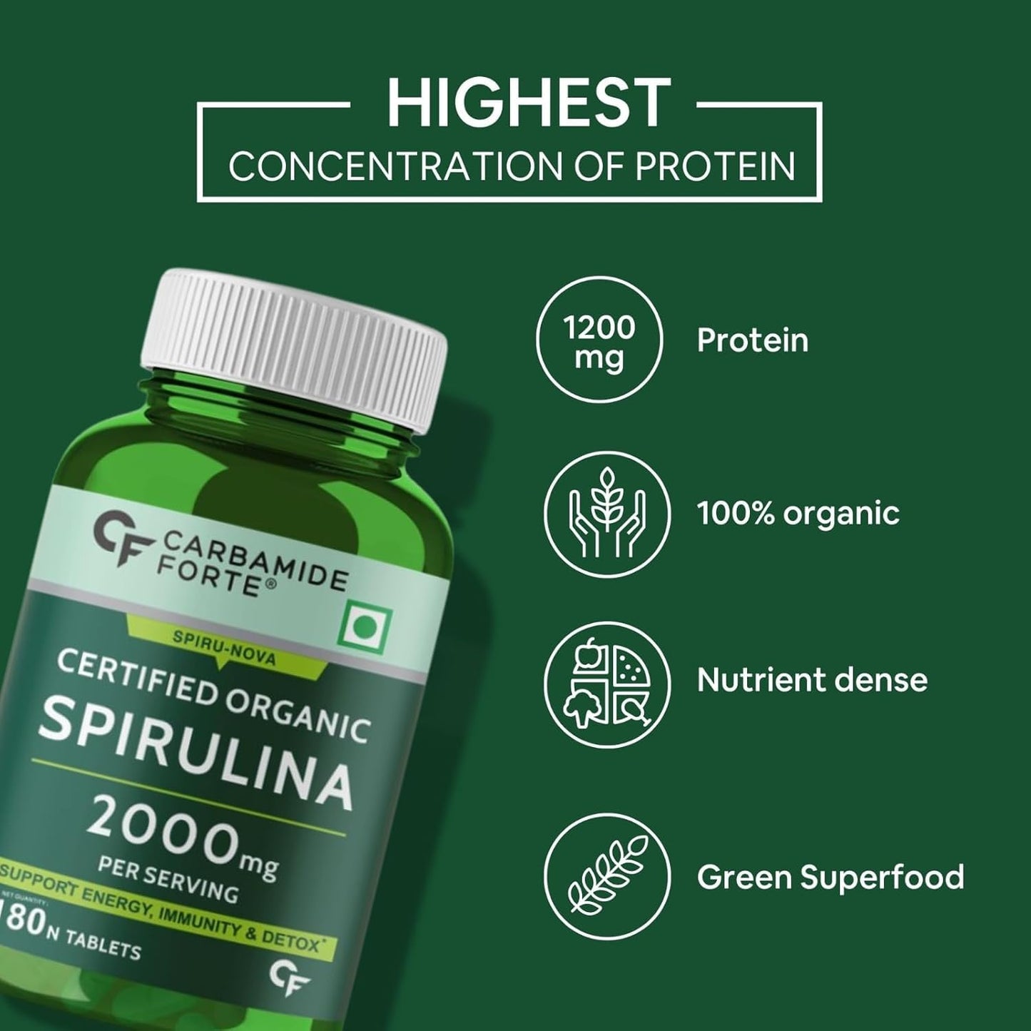 Carbamide Forte 100% Organic Spirulina Tablets 2000 mg Per Serving - Spirulina Powder Organic Tablets | Supports Energy, Immunity & Detox | Certified Spirulina Organic Tablet - 180 Tablets - Springkart 
