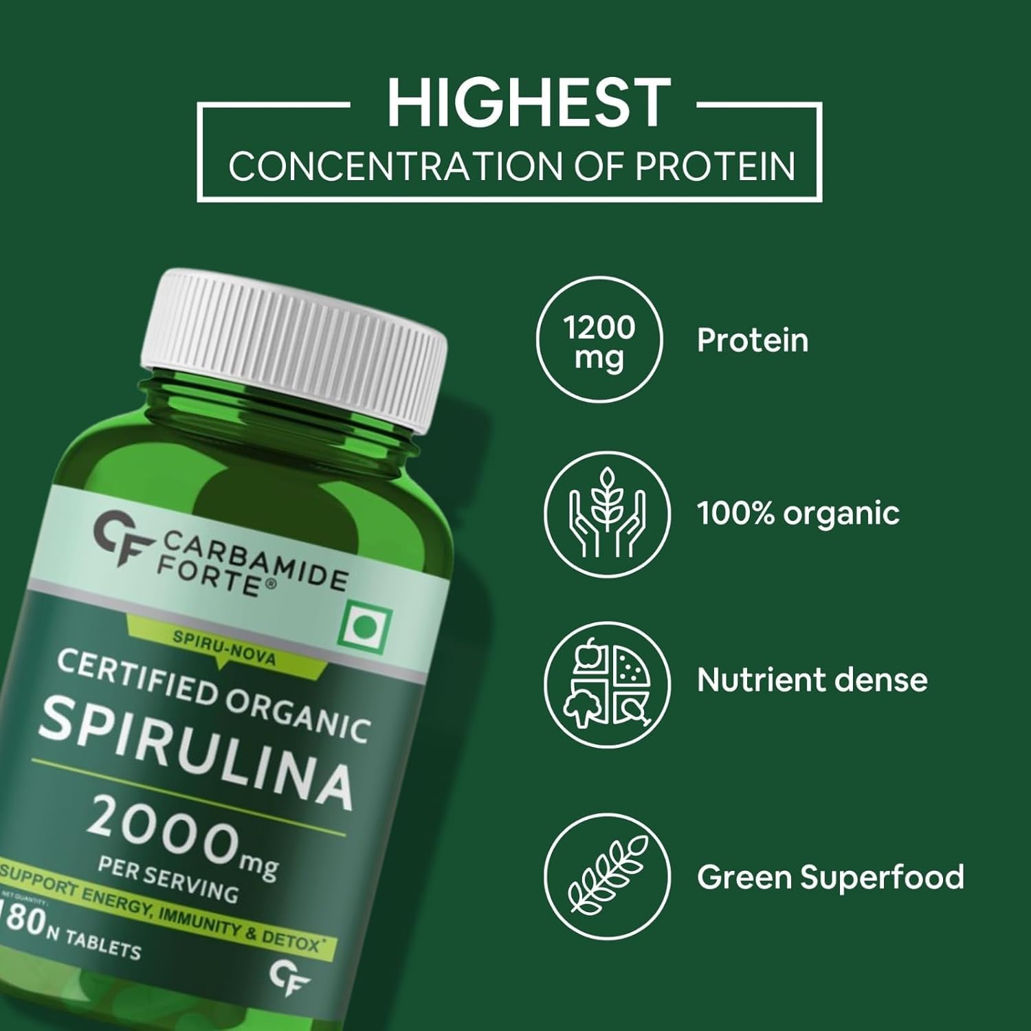 Carbamide Forte 100% Organic Spirulina Tablets 2000 mg Per Serving - Spirulina Powder Organic Tablets | Supports Energy, Immunity & Detox | Certified Spirulina Organic Tablet - 180 Tablets - Springkart 