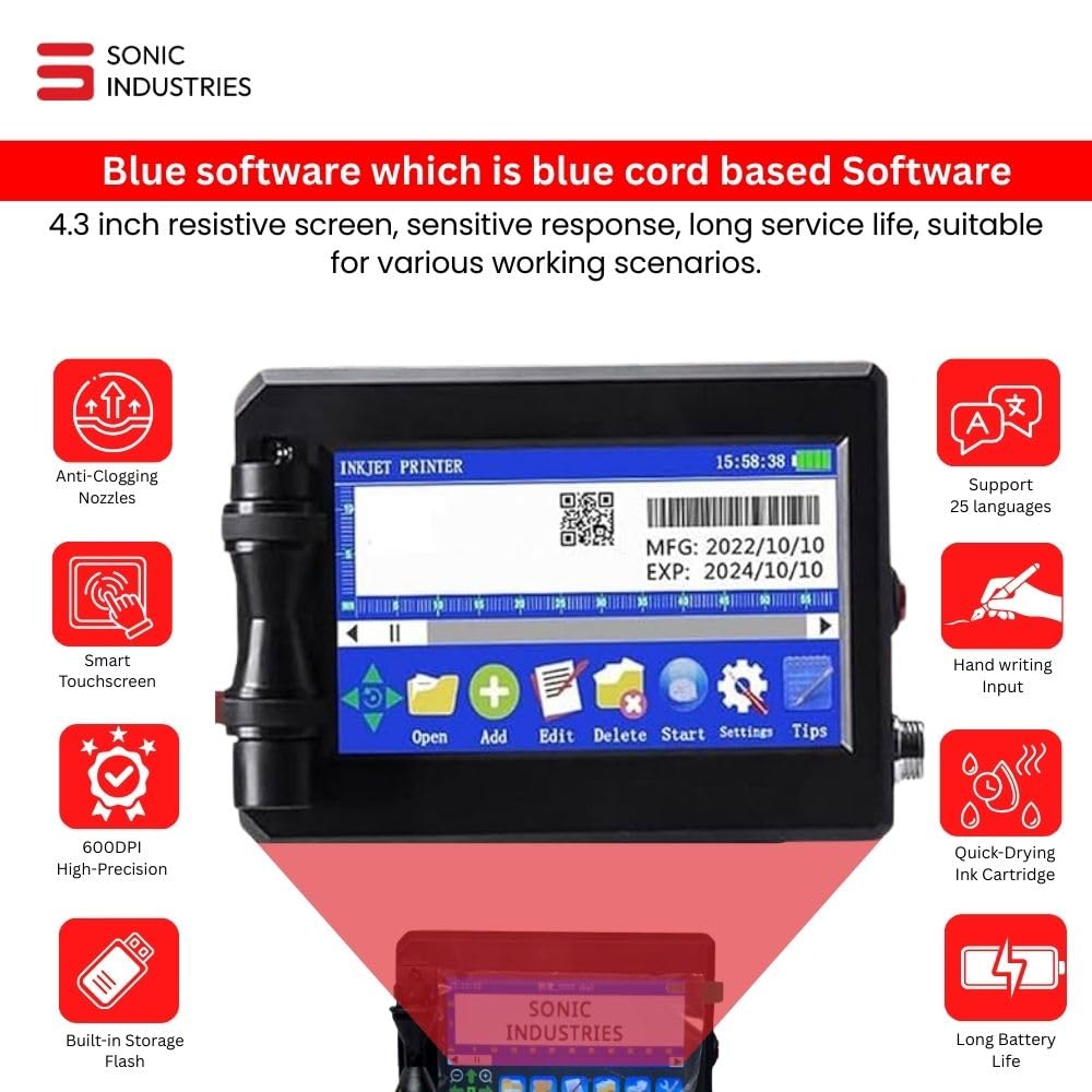 SONIC INDUSTRIES Handheld Batch Coding Machine – Portable TIJ Inkjet Printer for Expiry Date, MRP & Barcode Printing | 600 DPI Industrial Coding Machine for Packaging, Manufacturing & Small Business