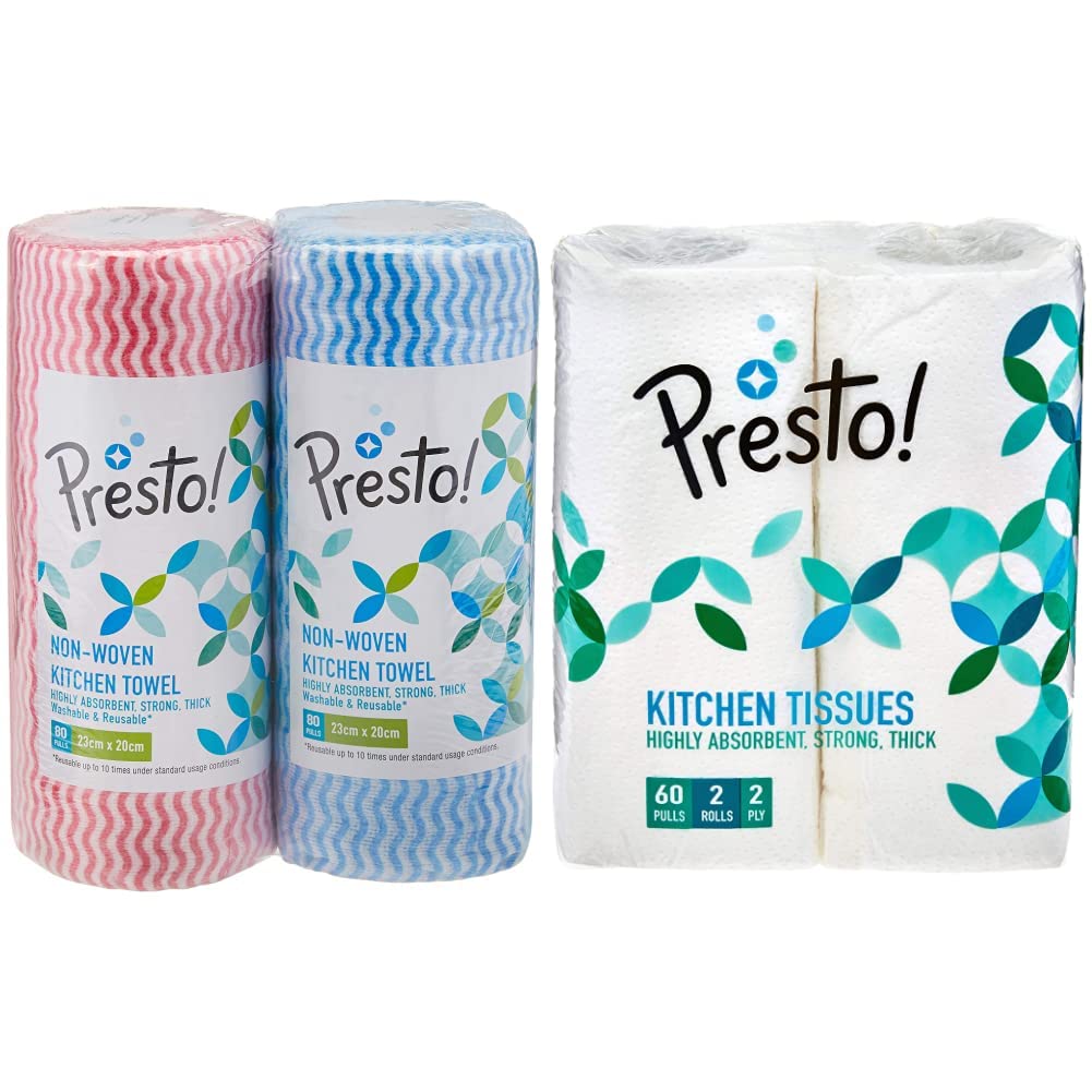 Amazon Brand - Presto! Non-Woven Kitchen Towel Roll | 160 Pulls | Blue & Red Kitchen Cloth | 80 Pulls X 2 Rolls | Food Safe | Lint-free and Residue-Free | Washable and Reusable | Highly Absorbent