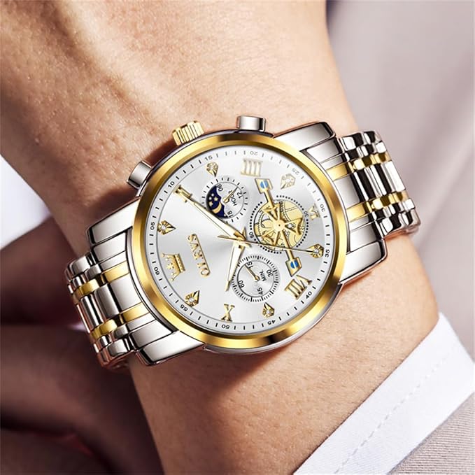 OLEVS Mens Chronograph Watch Gold Silver Stainless Steel Chain Quartz Wrist Watches Business Dress Waterproof Luminous Date Watch