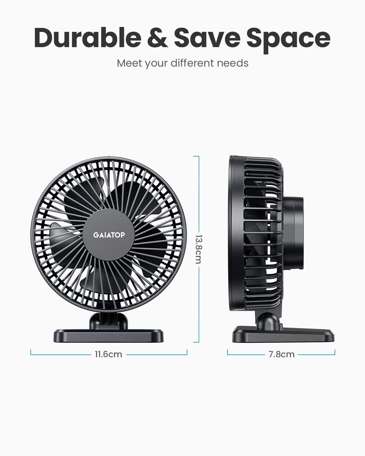 Gaiatop Small Desk Fan 3 Speeds Wind, Portable Mini Desktop Table Cooling Fan in USB Single Button, Adjustment Mini Personal Fan for Home Desktop Office Car (Black)