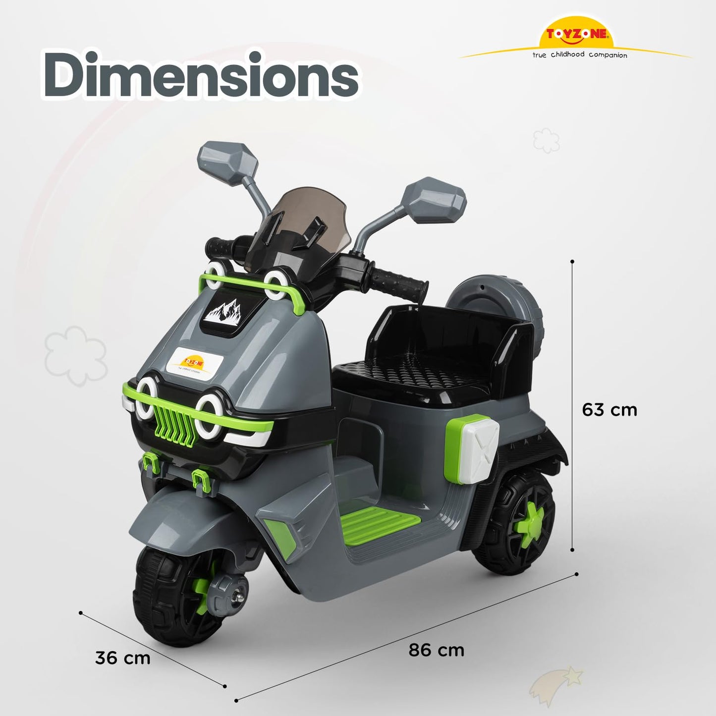 Toyzone Himalayan Electric Scooty - Grey | Rechargeable Scooty 6V | Powered by 6.5 ah Battery | Music Player with Bluetoooth & USB | 6 Month Warranty on Battery | Make in India | for Kids 2+ Years