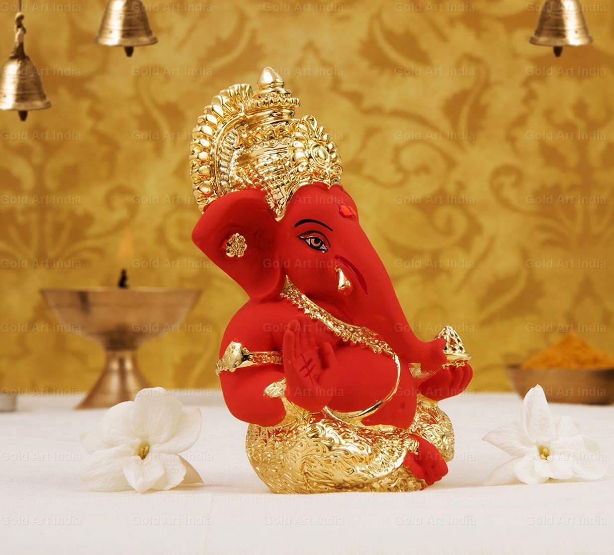 Gold Art India Polyresin Lord Ganesha Idol for Car Dashboard, Home, Office | Ganpati Statue for Mandir Decor | Handcrafted Ganesh Murti (2 x 2.5 inch, Red & Orange)