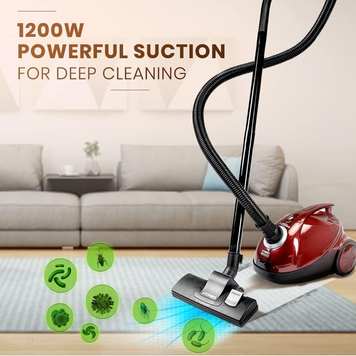Eureka Forbes Quick Clean DX Vacuum Cleaner with 1200 Watts Powerful Suction Control, 3 Free Reusable dust Bag worth Rs 500, comes with multiple accessories, dust bag full indicator (Red), standerd