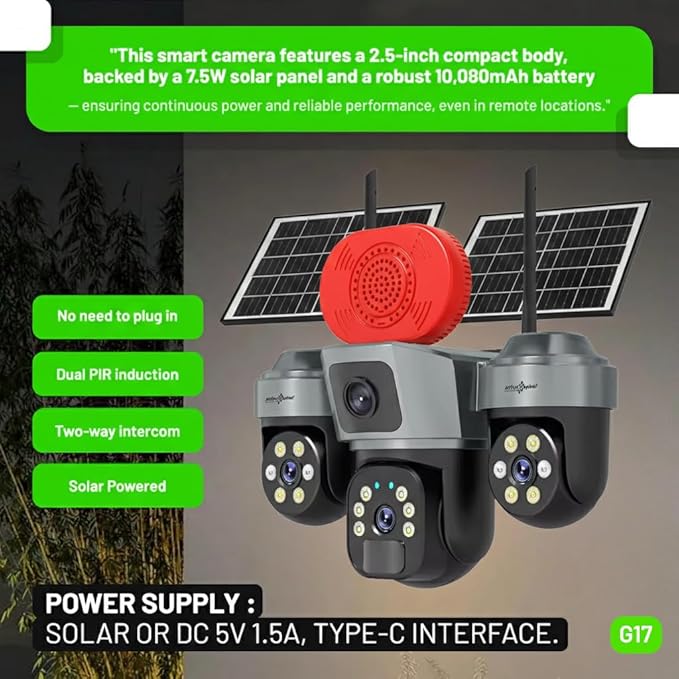 Active Pixel 4Mp Solar 4G SIM PTZ Security Camera | Triple Lens 360° Surveillance | Built-in Loud Alarm Siren | Motion Tracking | Color Night Vision | Wireless Outdoor CCTV – No Power, No Wires - G17