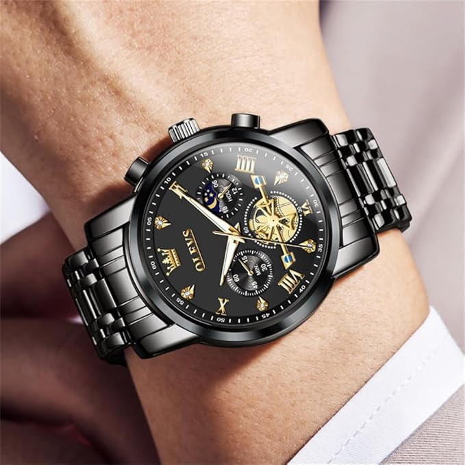 OLEVS Mens Chronograph Watch Gold Silver Stainless Steel Chain Quartz Wrist Watches Business Dress Waterproof Luminous Date Watch