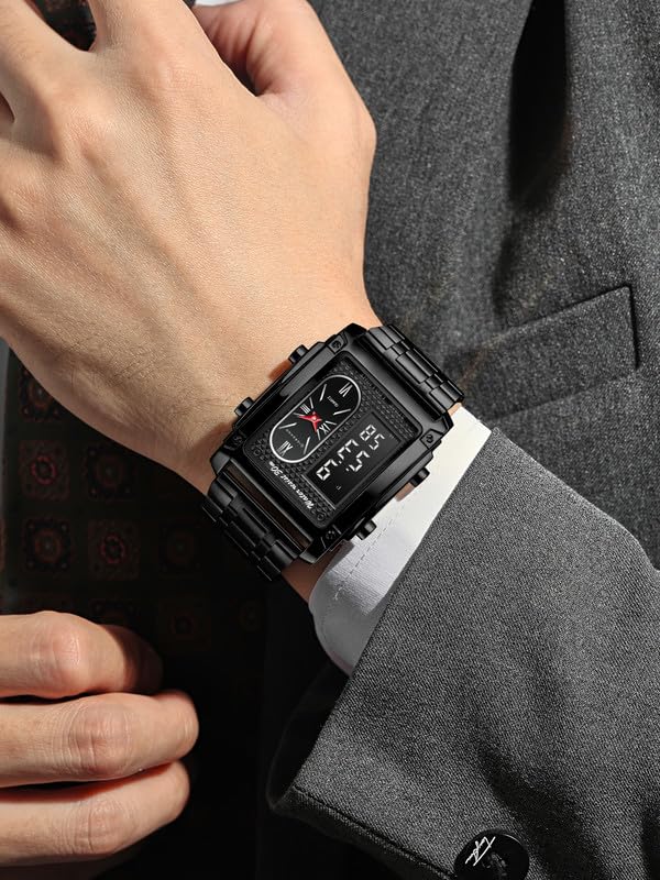 Giordano Analog-Digital Quartz Watch for Men with LED Light, 3-Time Display, Date Function, 30M Water Resistance & Stainless Steel Strap