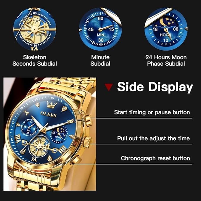 Buy OLEVS Mens Chronograph Watches Gold Stainless Steel Chain Quartz Wrist Watches Business Dress Waterproof Luminous Date Watch at Amazon.in