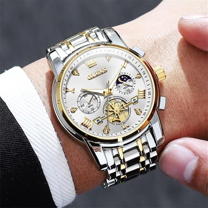 OLEVS Mens Chronograph Watch Gold Silver Stainless Steel Chain Quartz Wrist Watches Business Dress Waterproof Luminous Date Watch