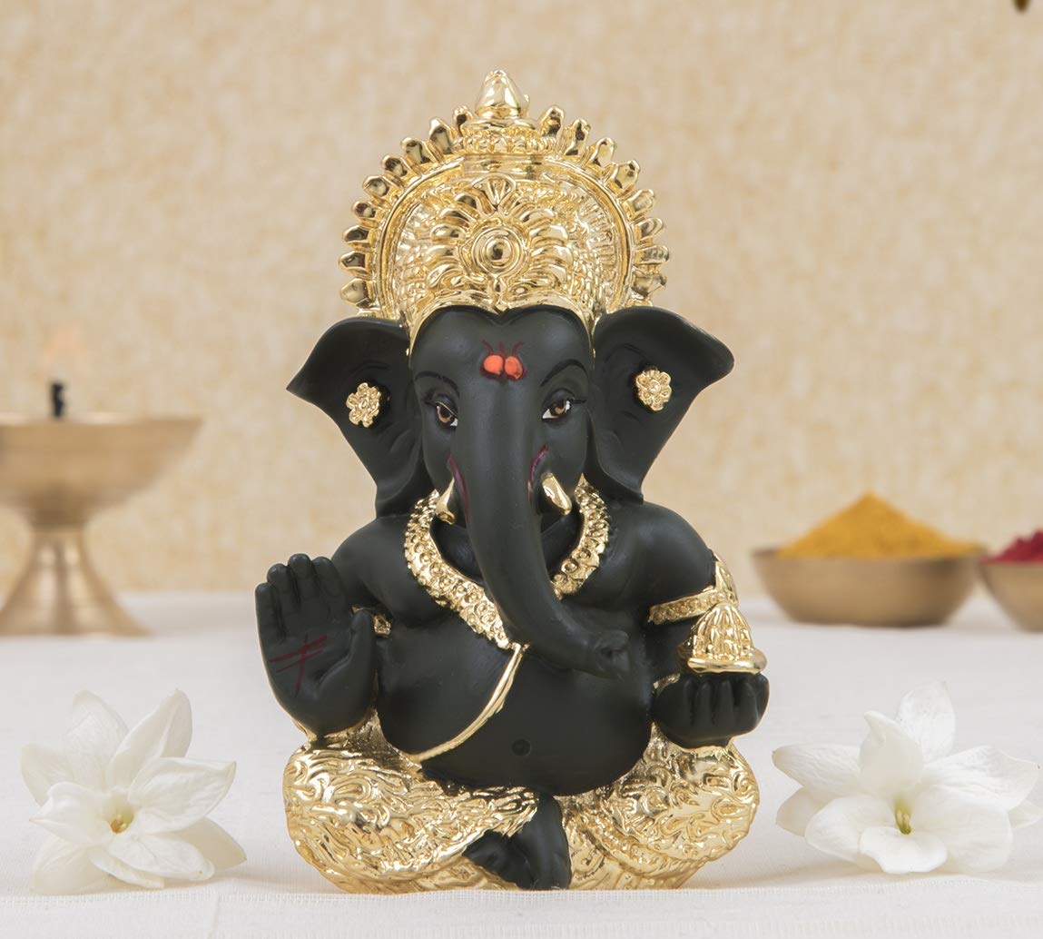 Gold Art India Polyresin Lord Ganesha Idol for Car Dashboard, Home, Office | Ganpati Statue for Mandir Decor | Handcrafted Ganesh Murti (2 x 2.5 inch, Red & Orange)