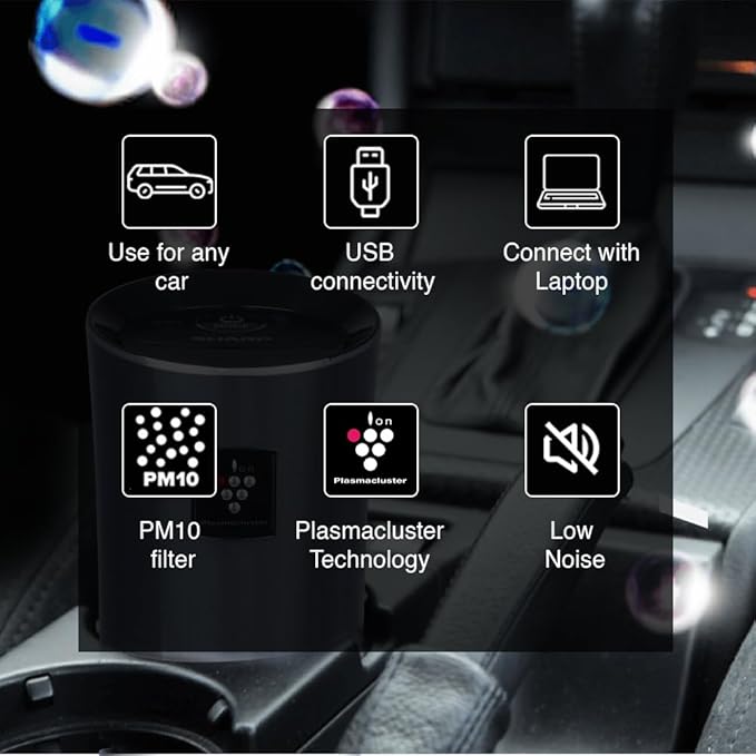 SHARP Car Air Purifier with Plasmacluster (Removes Bacteria, Virus, Odor, Mold, VOCs) I JAPAN TECHNOLOGY I Pre Filter I Suitable for Hatchback, Sedan and SUVs | Cover: 3.6 m³ I IG-GC2E-B I Black
