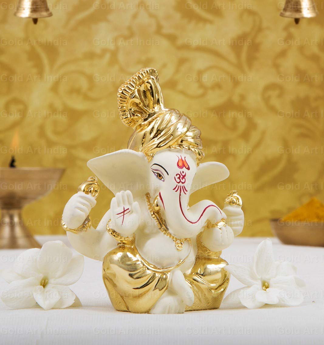 Gold Art India Polyresin Lord Ganesha Idol for Car Dashboard, Home, Office | Ganpati Statue for Mandir Decor | Handcrafted Ganesh Murti (2 x 2.5 inch, Red & Orange)