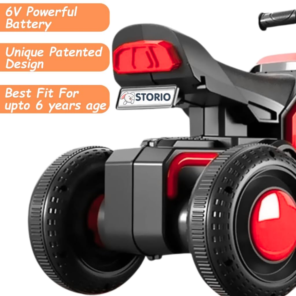 Storio Red Battery Ride-on Bike for Kids – Electric Motorcycle with Support Wheels, Music, LED Lights, Headlight, Rechargeable Battery, Smooth Ride.