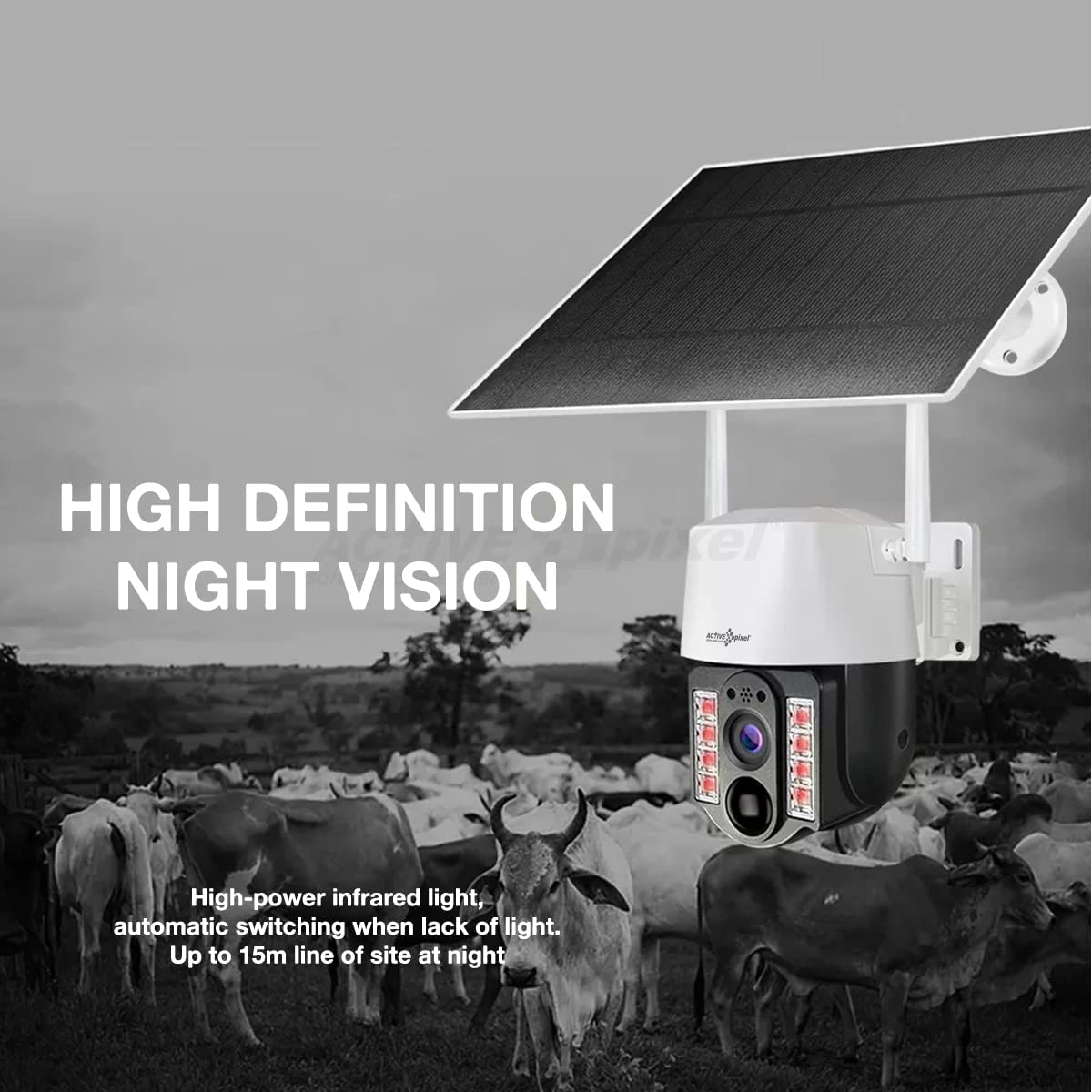 Active Pixel 4G 4mp Solar Battery Powered SIM Card Supported Wireless CCTV Security Camera, IP65 Waterproof, Two-Way Audio, PIR Motion Detection, Pan Tilt.