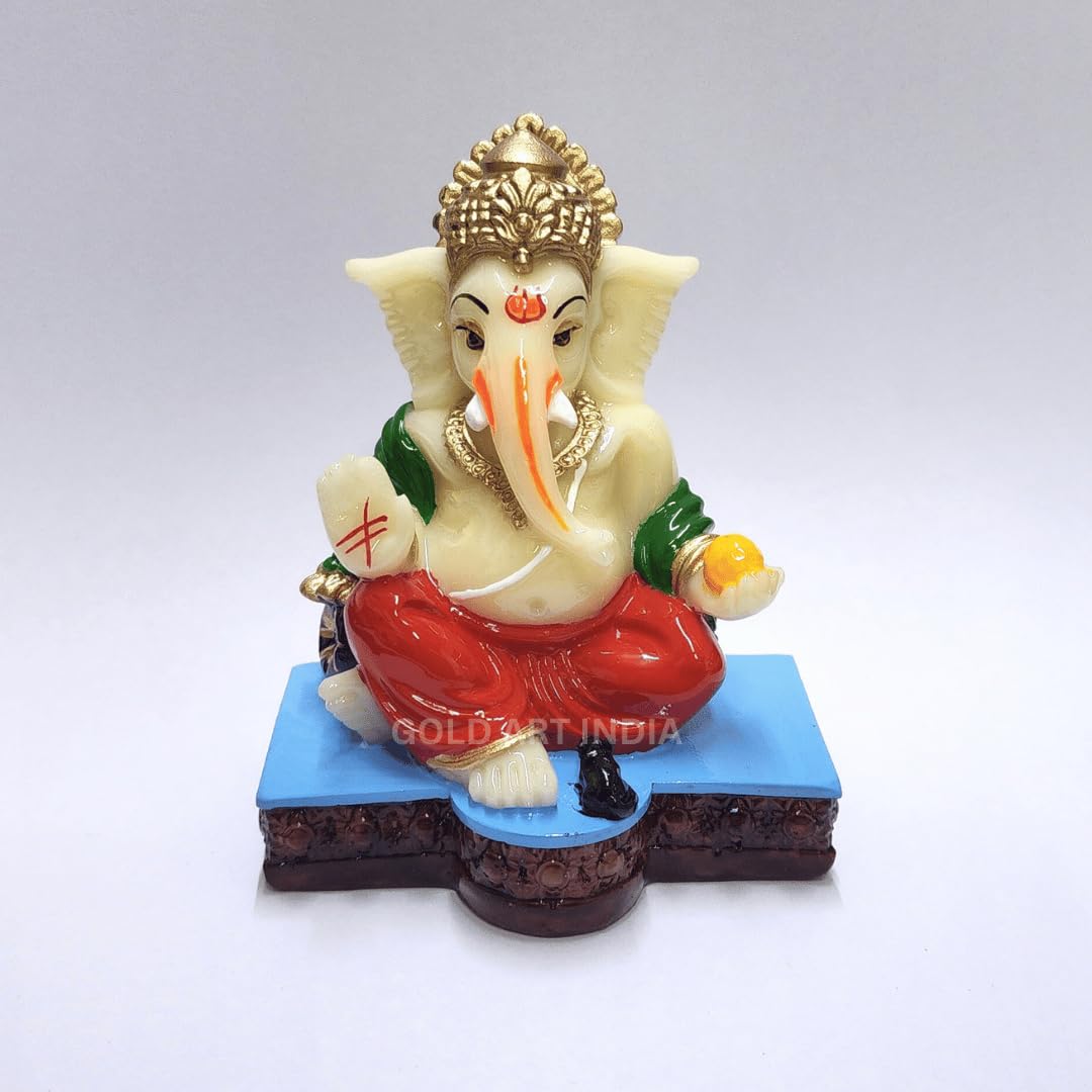 Gold Art India Gold and Silver Plated Matte Finish Ganesh Idol For Car Dashboard Ganesha Murti Ganpati Idol For Home Decor Puja Lord Ganesh Statue Gift For Office Desk Puja Room Figurine, 3 x 3 inches