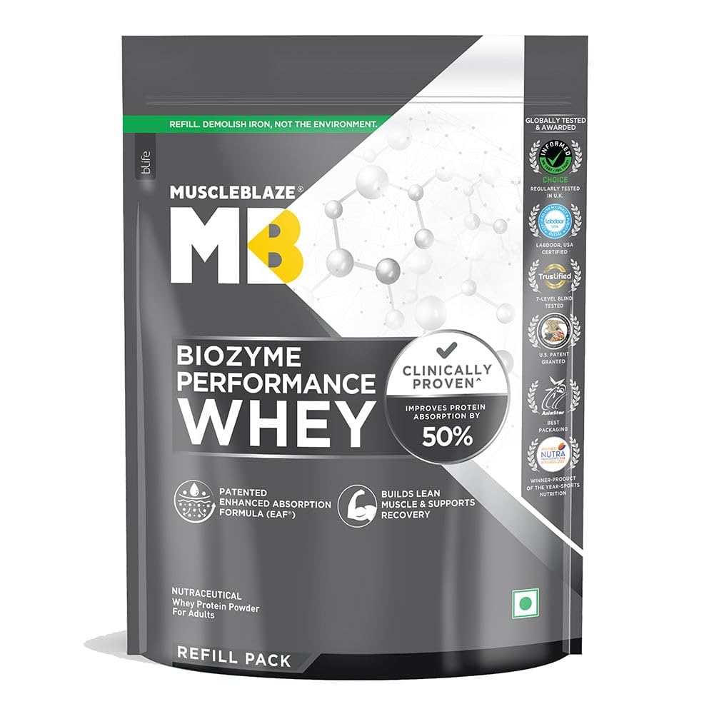 MuscleBlaze Biozyme Performance Whey Protein Powder, 1kg (2.2lbs) | Magical Mango | 25g Protein Per Scoop | Clinically Tested 50% Higher Protein Absorption
