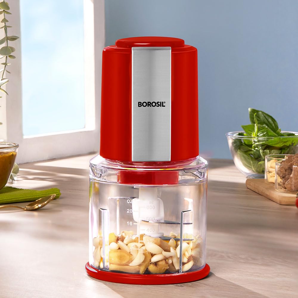 Borosil Chef Delite 300 Watts Electric Chopper for Kitchen, Twin Blade Technology, 600 ml 'chop-n-store' plastic bowl with lid, Vegetable Chopper, Cutter, Chop, Mince, Dice, Whisk, Blend - Springkart 