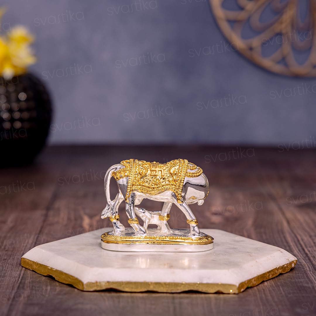 Svastika Vastu Kamdhenu Cow with Calf Idol | 24K Gold & 999 Silver Plated | Excellent Vastu Correction Remedy for Financial Problems | Wedding & Housewarming Gift - Springkart 
