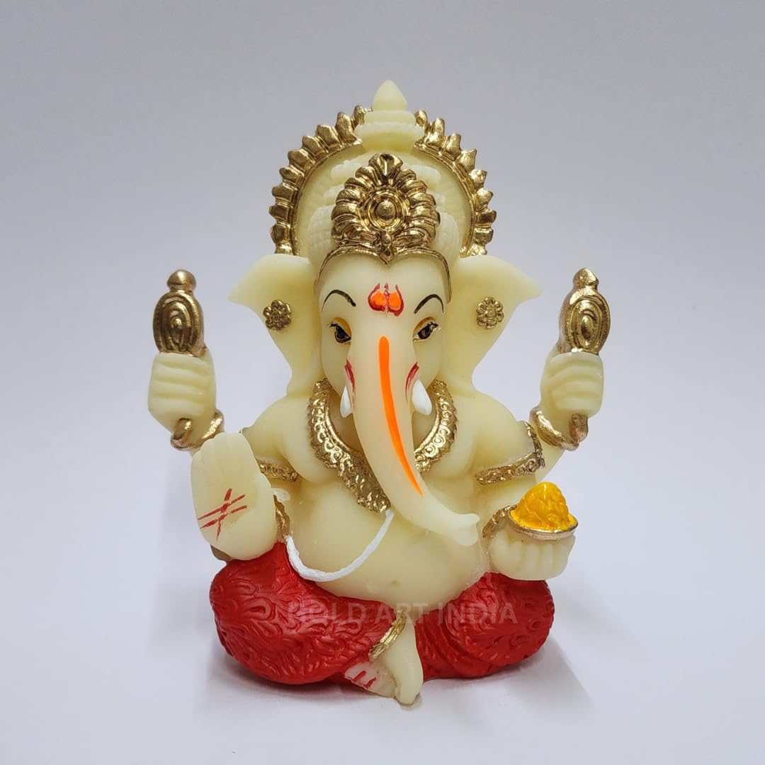 Gold Art India Ganesha Gold Plated Idol for Car Dashboard Ganesha Murti Ganpati Idol for Home Decor Puja Lord Ganesh Statue Gift for Office Desk Puja Room Figurine (Gold and Cream)