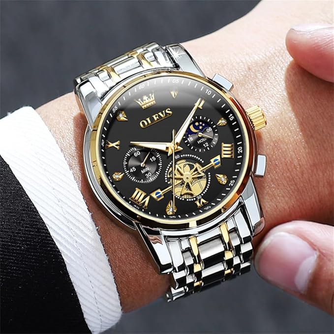 OLEVS Mens Chronograph Watch Gold Silver Stainless Steel Chain Quartz Wrist Watches Business Dress Waterproof Luminous Date Watch