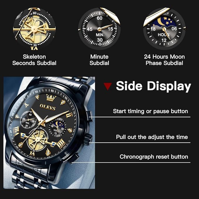 OLEVS Mens Chronograph Watch Gold Silver Stainless Steel Chain Quartz Wrist Watches Business Dress Waterproof Luminous Date Watch
