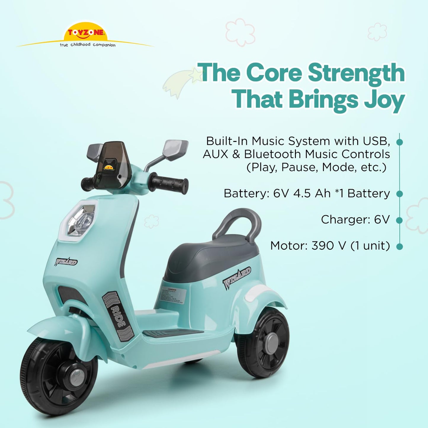 Toyzone Wizard Electric Scooty | Rechargeable Scooty 6V | Powered by 6.5 ah Battery | Music Player with Bluetoooth & USB | 6 Month Warranty on Battery | Make in India | for Kids 2+ Years (Blue)