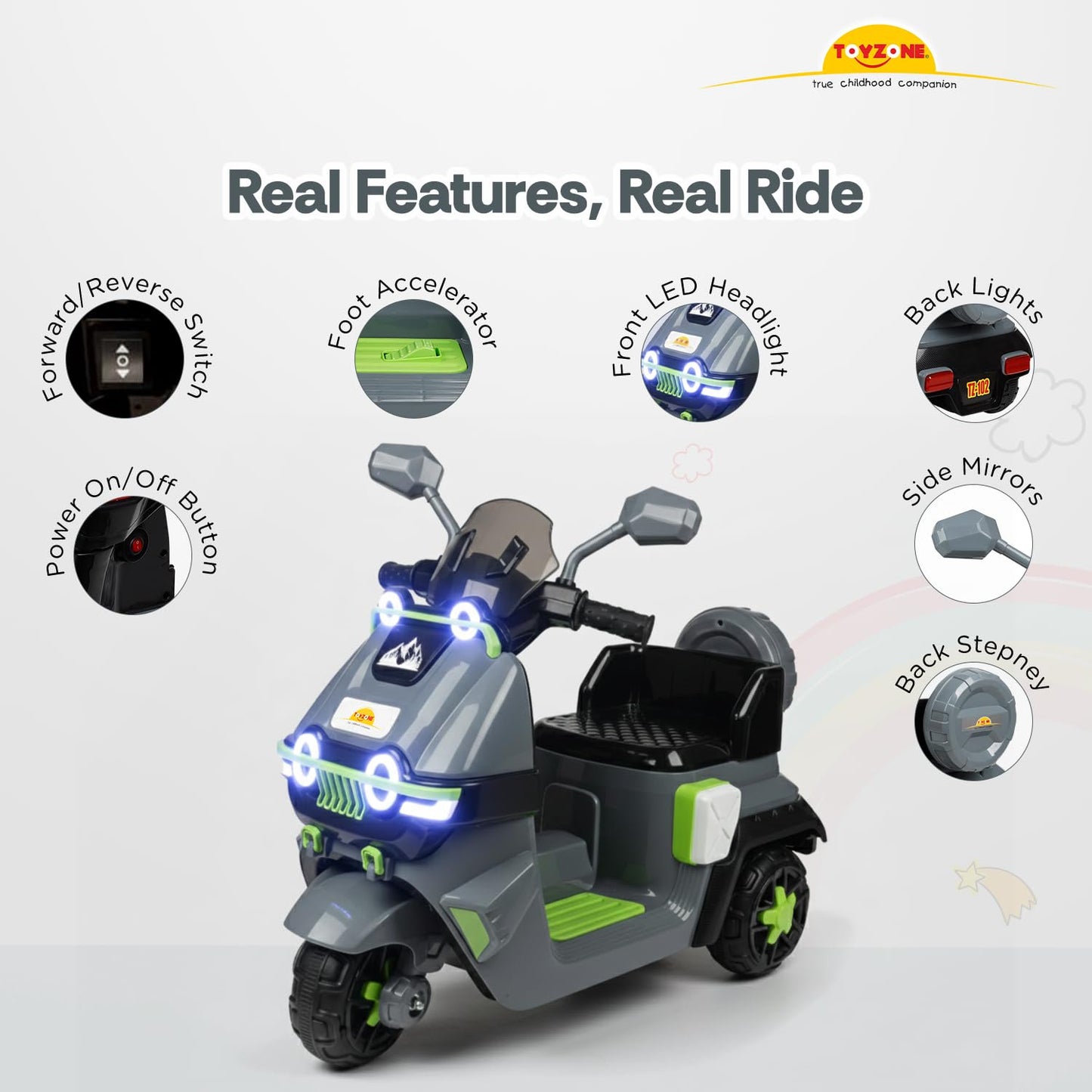 Toyzone Himalayan Electric Scooty - Grey | Rechargeable Scooty 6V | Powered by 6.5 ah Battery | Music Player with Bluetoooth & USB | 6 Month Warranty on Battery | Make in India | for Kids 2+ Years