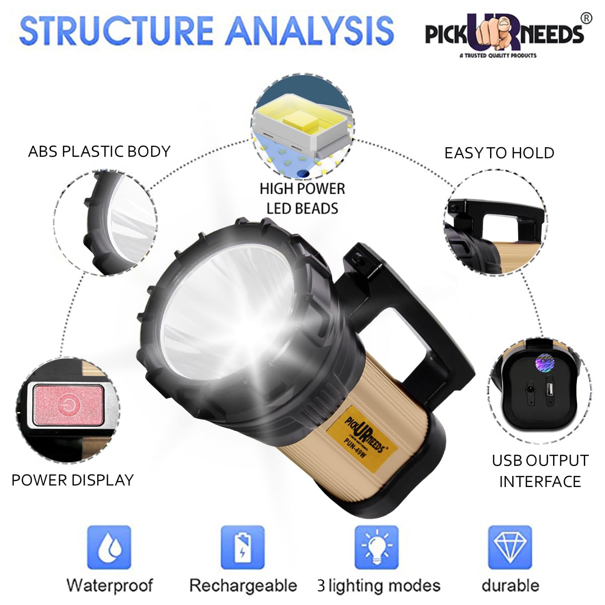 Pick Ur Needs Search LED Torch Light Long Range + Side Tube Emergency (Range 1 Km.) with Multi-Functional + Blinker Rechargeable Handheld Torch (Metal 100 Watt)1000 Lumen - Springkart 