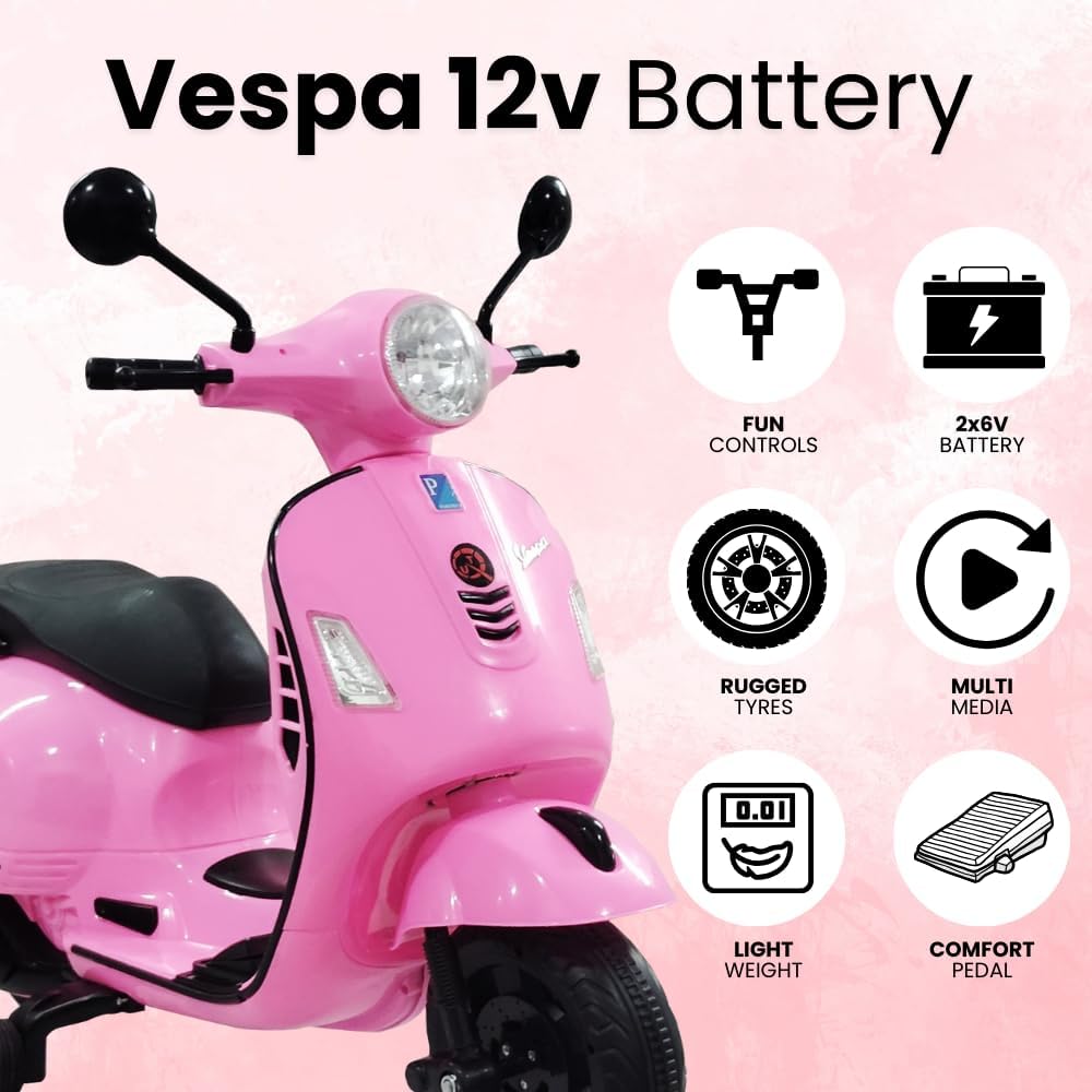 Vespa 12V Battery Operated Rechargeable Ride-On Scooter for Kids with Remote | Electric Scooty for Girls & Boys (1–6 Years, Red), Music, Lights, USB, Safety Wheels