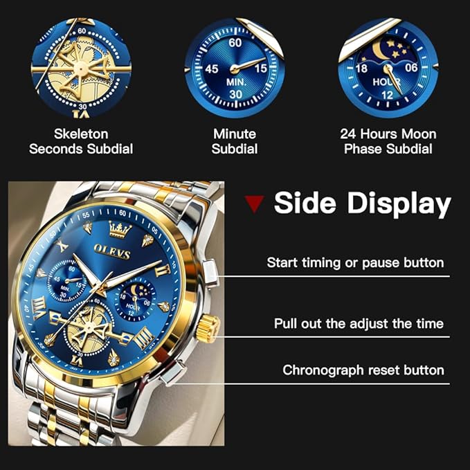 OLEVS Mens Chronograph Watch Gold Silver Stainless Steel Chain Quartz Wrist Watches Business Dress Waterproof Luminous Date Watch