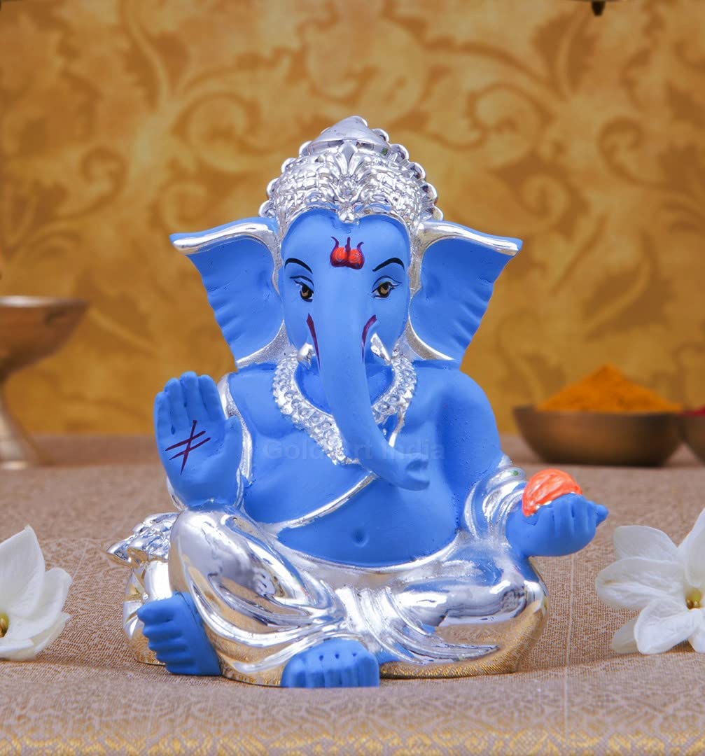 Gold Art India Gold and Silver Plated Matte Finish Ganesh Idol For Car Dashboard Ganesha Murti Ganpati Idol For Home Decor Puja Lord Ganesh Statue Gift For Office Desk Puja Room Figurine, 3 x 3 inches