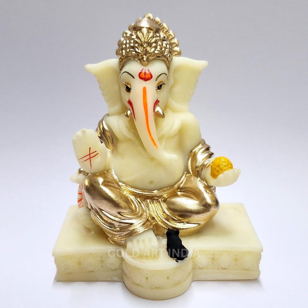 Gold Art India Gold and Silver Plated Matte Finish Ganesh Idol For Car Dashboard Ganesha Murti Ganpati Idol For Home Decor Puja Lord Ganesh Statue Gift For Office Desk Puja Room Figurine, 3 x 3 inches