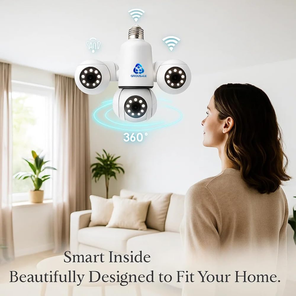 Trion Bulb 5MP*3 FHD Triple Lens WiFi CCTV Camera | Manual Side Rotation | 360° View | Color Night Vision | AI Human Detection | Two-Way Audio | Indoor Security | TF Card Support