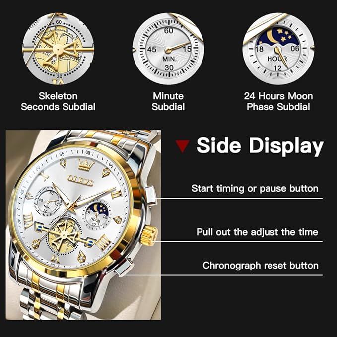 OLEVS Mens Chronograph Watch Gold Silver Stainless Steel Chain Quartz Wrist Watches Business Dress Waterproof Luminous Date Watch