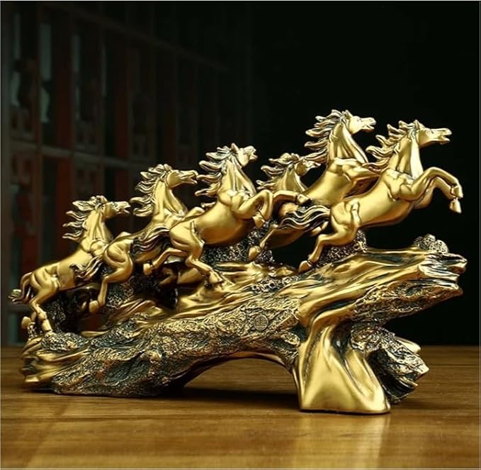 UAG Exports Golden 19 Inch 7 Running Victory Horses Resin Statue Vastu Feng Shui Showpiece for Living Room, Home Decor, Office, Housewarming, Anniversary, Birthday Gift